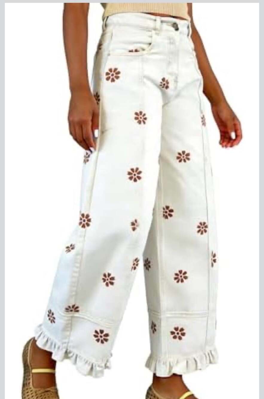 Utcoco Barrel Jeans Size XS White Floral Print Patchwork Ruffle Hem Y2K